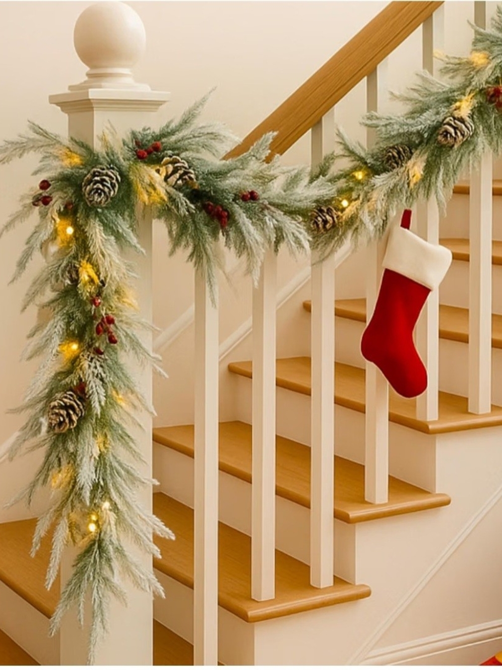 Flocked Pine Garland with Warm LED Lights and Red Berry Accents. 6 FT. NEW.